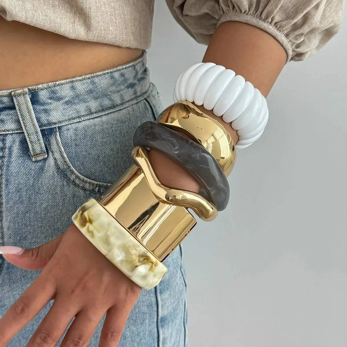 Bohemian Resin Acrylic Bracelet Punk Smooth Metal Open Bangle