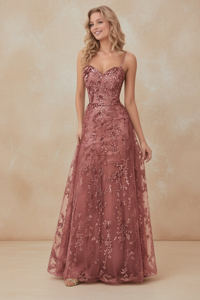 Tulle Formal Dress Laces Spaghetti Strap Sparkly Prom Dress