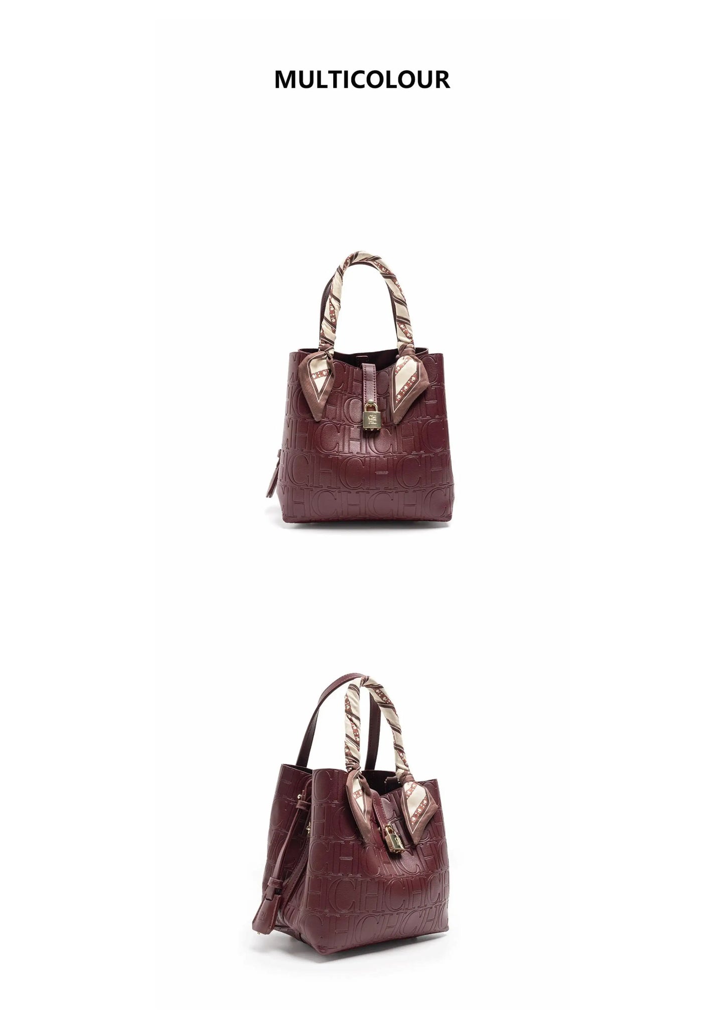 CH New Tote Bag Embossed Logo Silk Scarf Decor Lock Buckle Burgundy Fashion Women Casual Daily Handbag