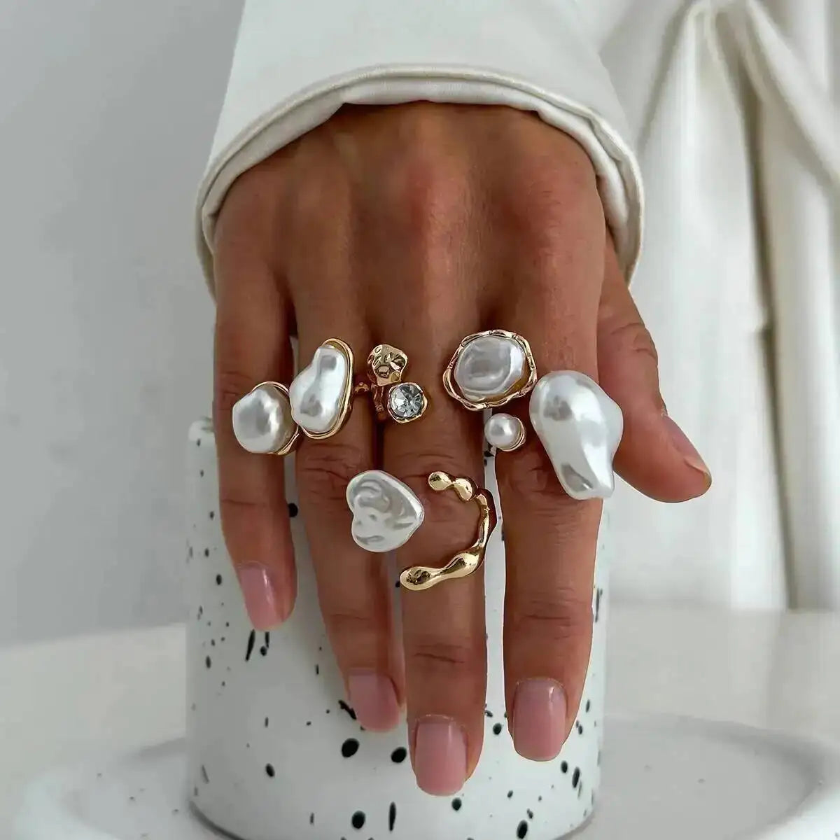 Baroque Imitation Pearl Open Rings Set Elegant Irregular Gold