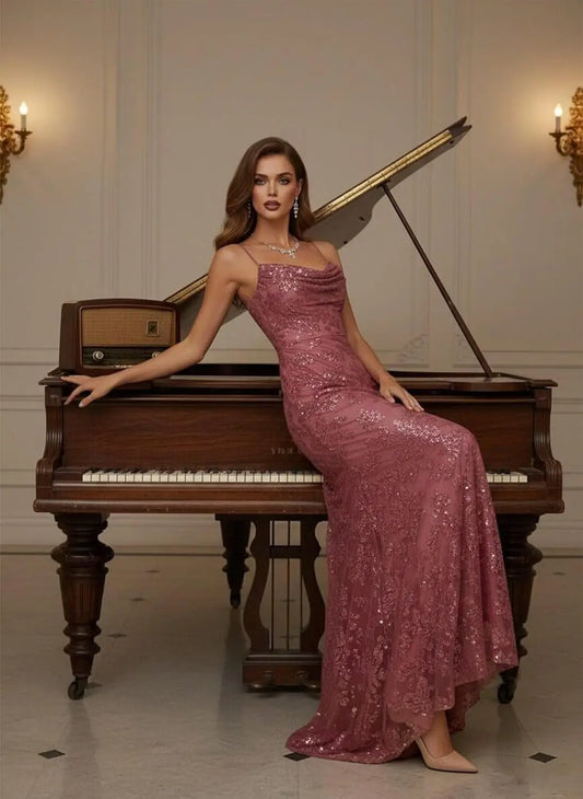 Lace Sequin Backless Spaghetti Strap Long Prom Dresses Women 2026 Sparkly Pleated A Line Formal Evening Ball Gown Party Dresses