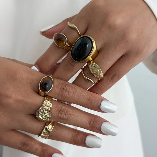 Salircon 8 Pcs/set Punk Irregular Resin Rings for Women Vintage Charm Gold Color Metal Finger Ring Party Aesthetics Jewelry Gift