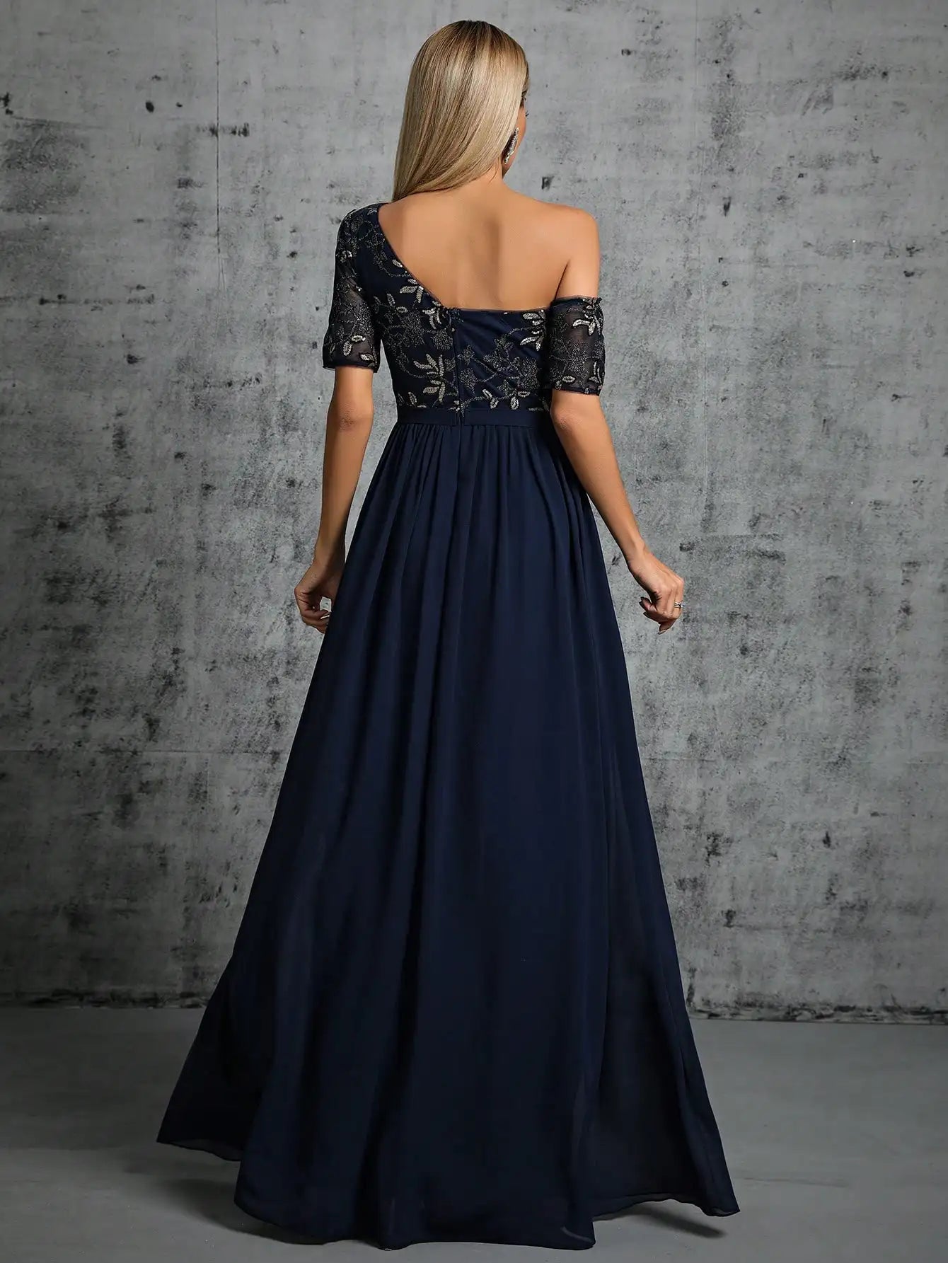 One Shoulder Chiffon Sequin Maxi Dress