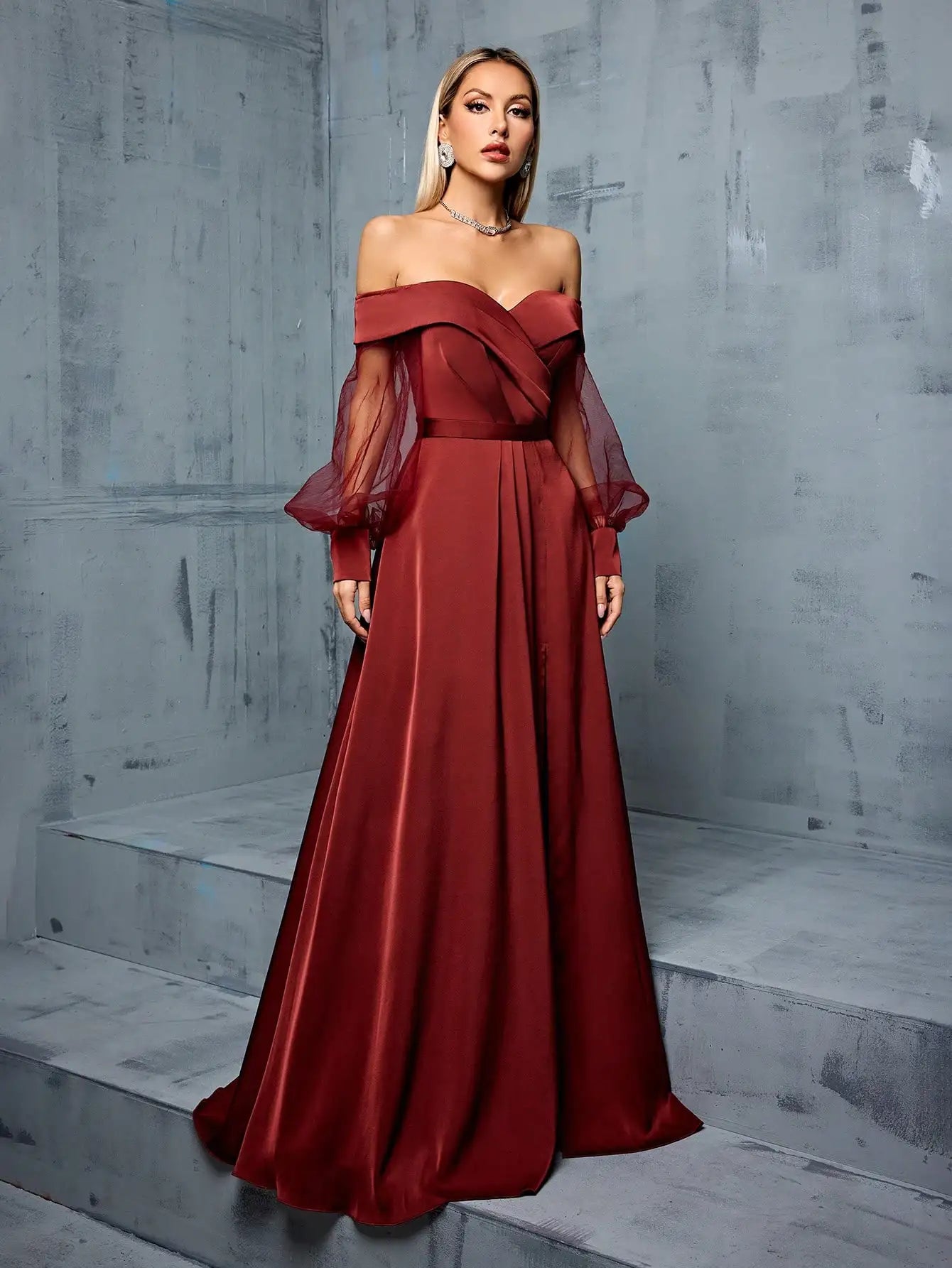 Off-Shoulder Mesh Satin Bridesmaid Gown