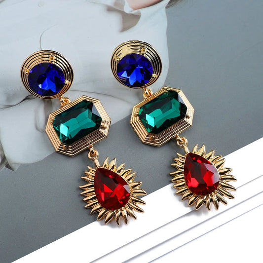 Multicolor Shiny Glass Decor Long Dangle Drop Earrings Girl