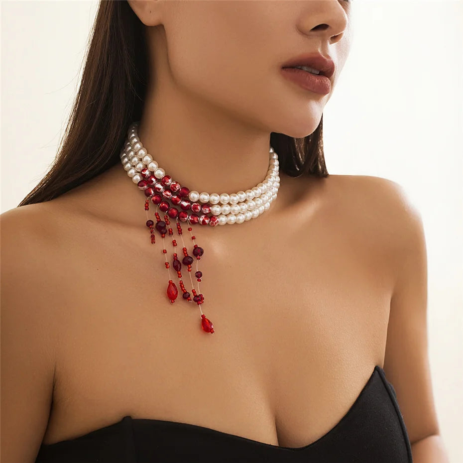 Gothic Red Crystal Tassel Necklace