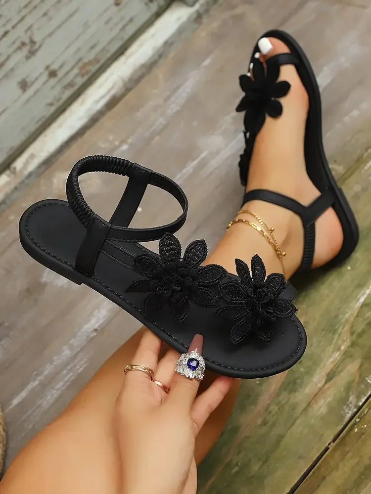 Summer Retro Elegant Sandals Floral Decorative Flat Bottom Sandals