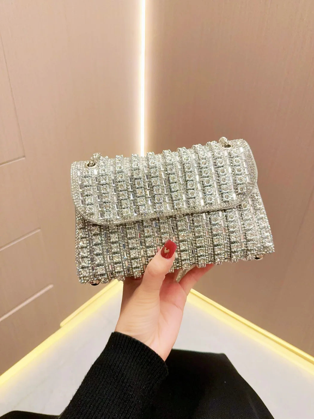 Full Rhinestone Evening Clutch Bag Luxury Leather Chain Handbag