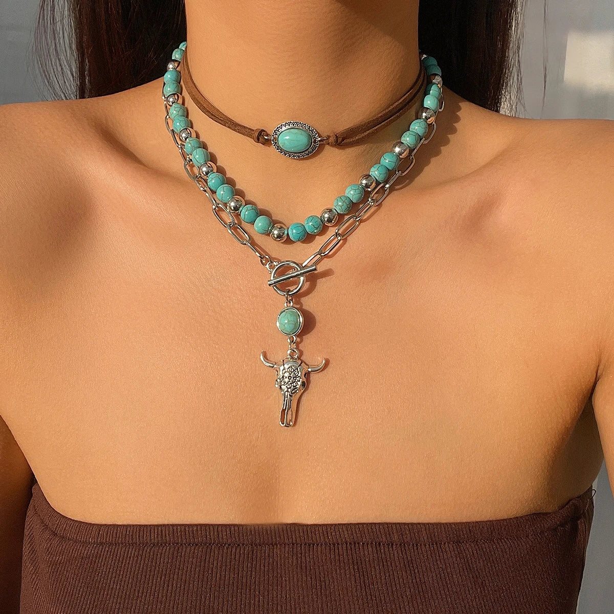 3pcs Set Vintage Ethnic Style Bull Necklace