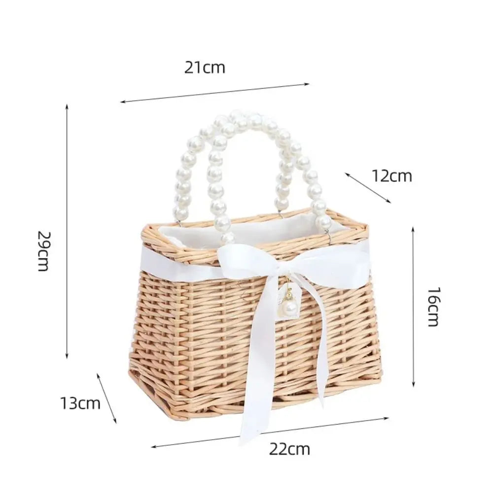 Handwoven Straw Tote Bag with Pearl Handle