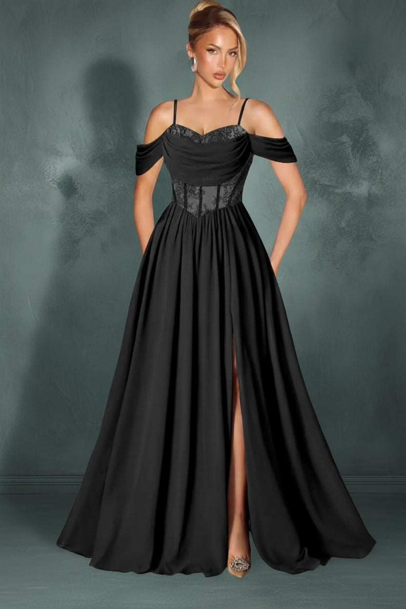 Off Shoulder Lace Applique Prom Dress