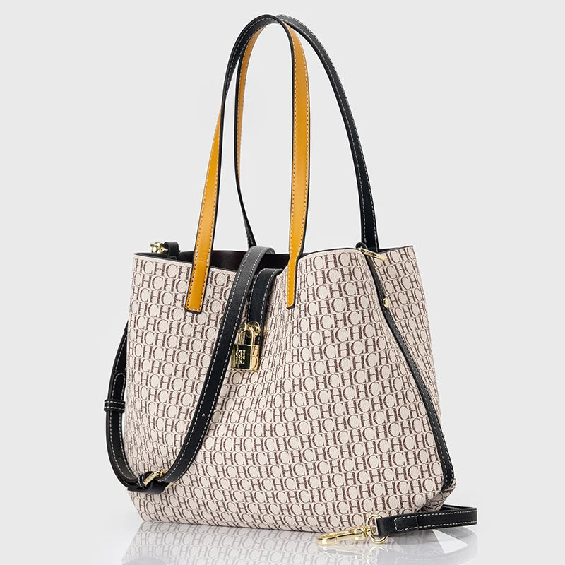 CH Women's Shoulder Bag Simple Large Capacity Letters Print Design Small Metal Accessories Daily Commuter Tote Bag Pure Color