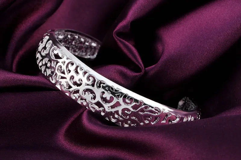 Fine 925 Sterling Silver Hollow Pattern Bangles Bracelets Adjustable