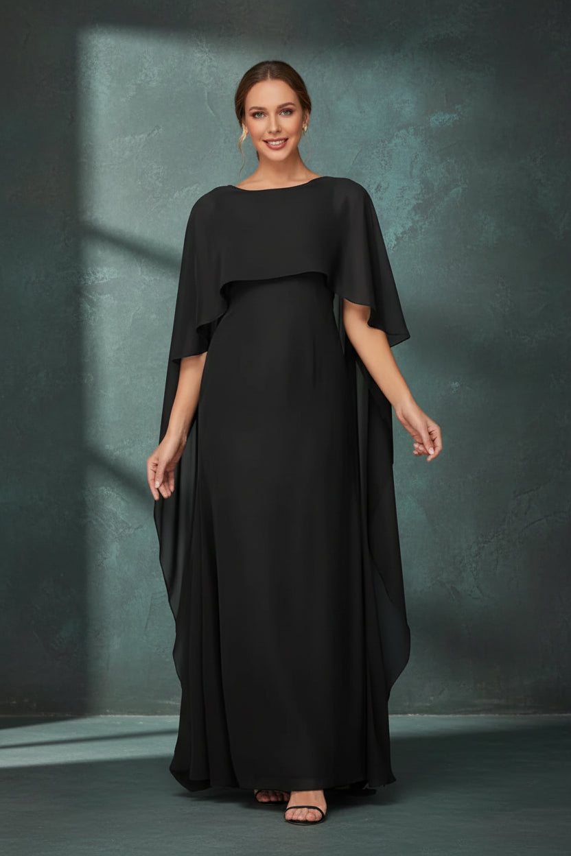 Women's Formal Dress Short Sleeves Scoop Neck Evening Dress Floor Length Chiffon Mother Of The Bride Dresses With Cap