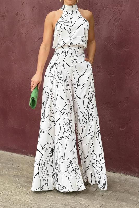 Summer Elegant Waist Halter Jumpsuit Tie Sleeveless Wide Leg