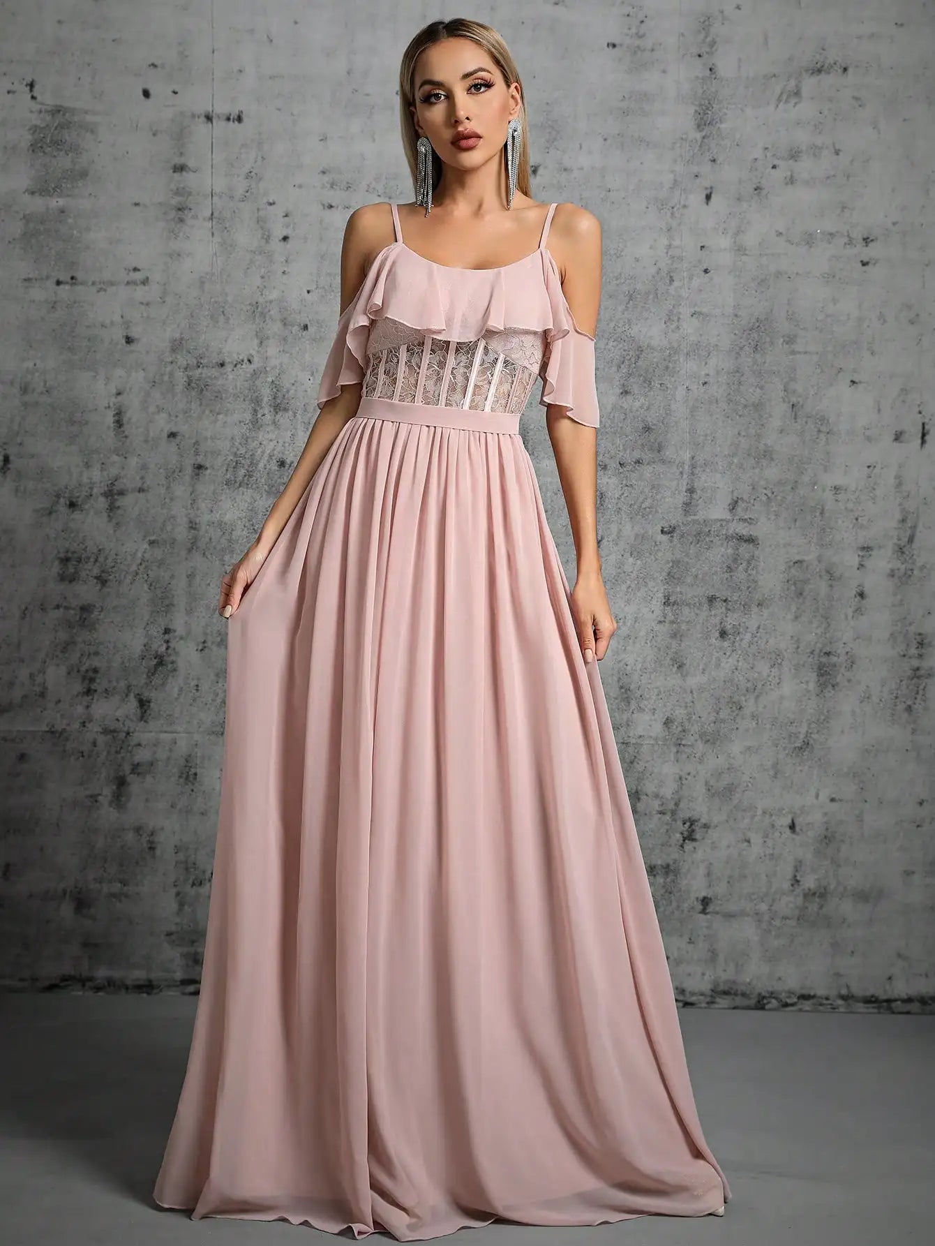 Lace Mesh Ruffle Sleeve Maxi Dress