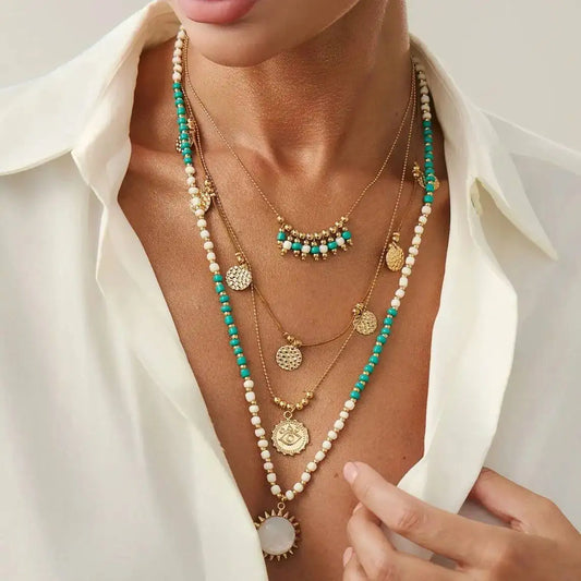 Salircon 2Pcs/set Boho Ethnic Green White Rice Bead Layered Necklace for Women Vintage Sun Metal Eye Pendant Necklace Jewelry