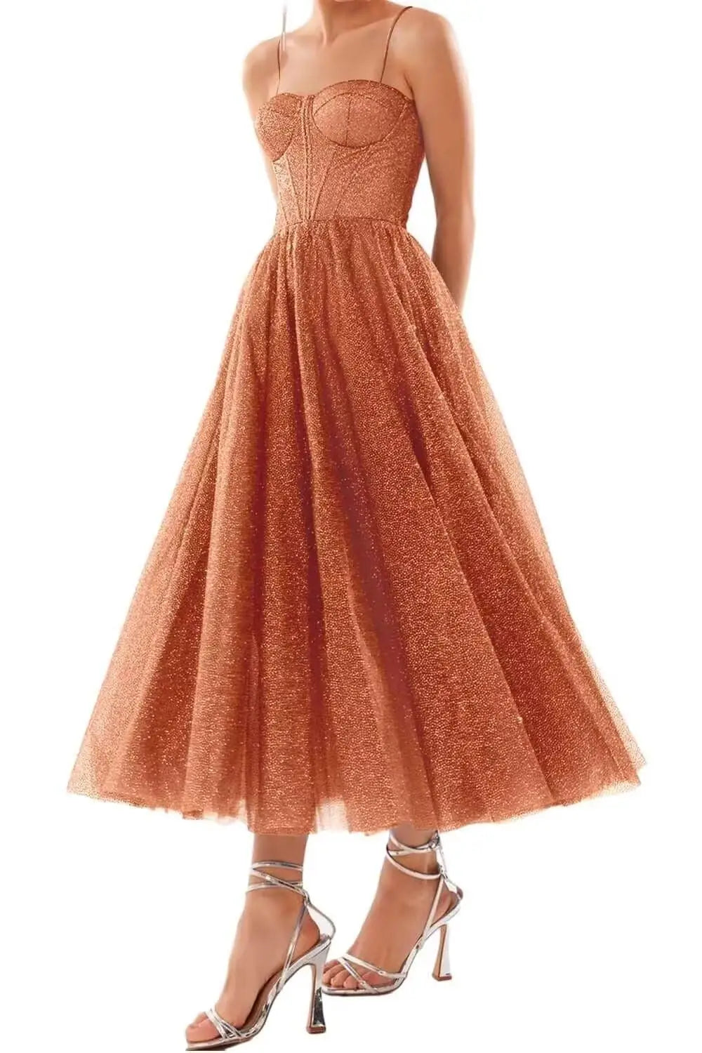 A Line Glitter Tea Length Formal Evening Cocktail Party Dresses for Women, Sequined Spaghetti Midi Corset Prom Gowns Cocktail