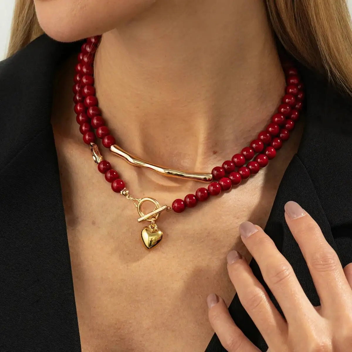 Red Heart Beaded Choker Necklace