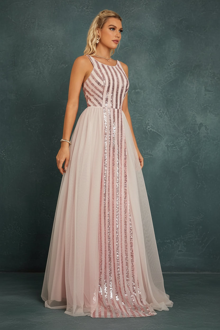 Sequin Mesh A-Line Evening Gown