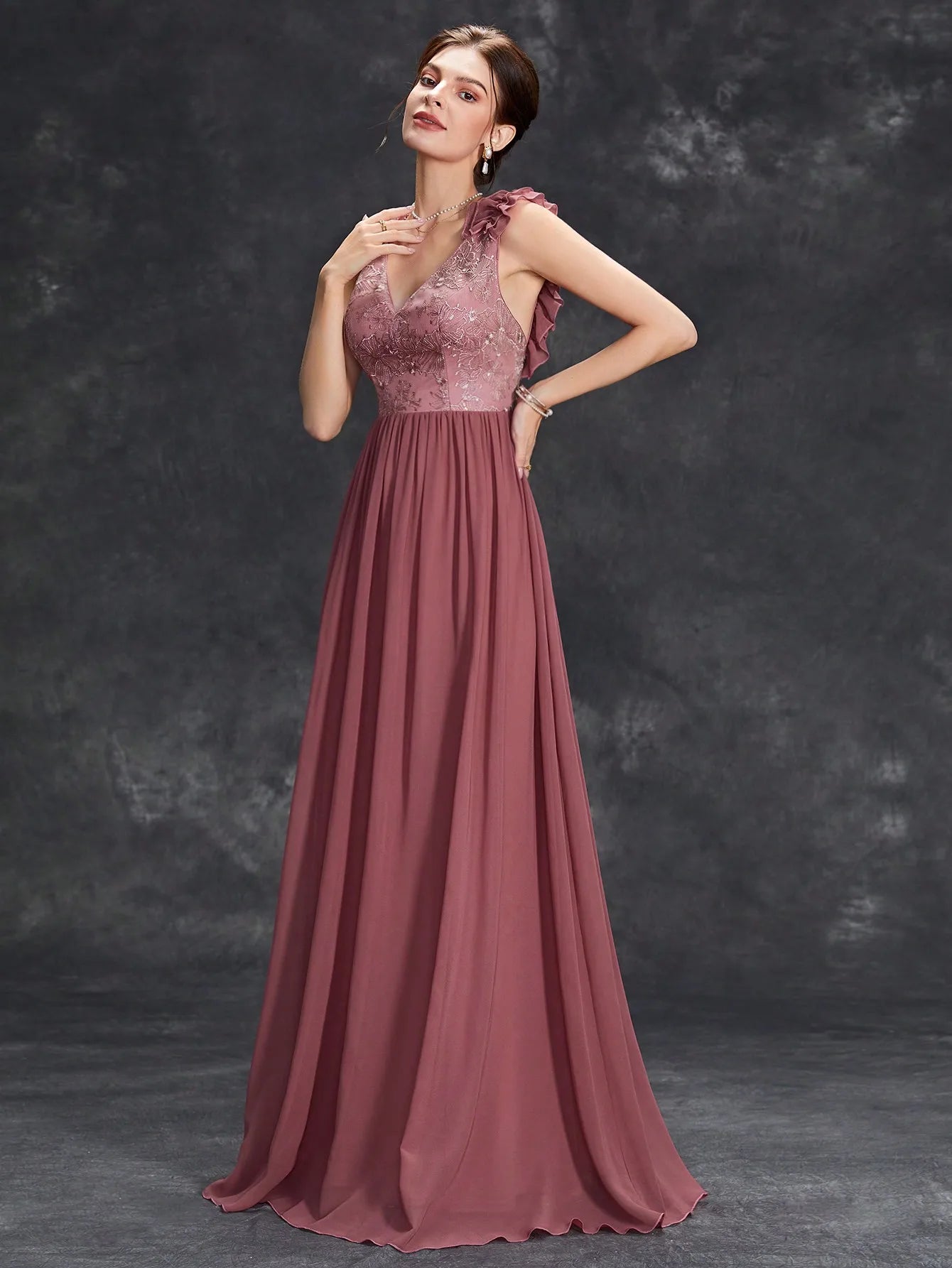 V-Neck Embroidered Chiffon Maxi Dress
