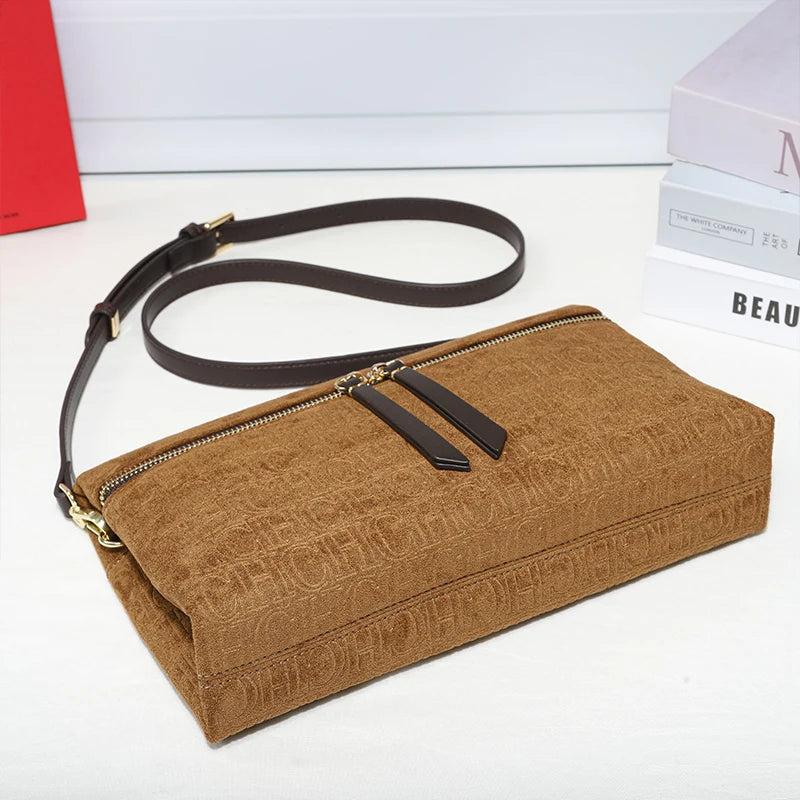 Suede Shoulder Bag Embossed Crossbody Clutch Luxury Designer Handbag