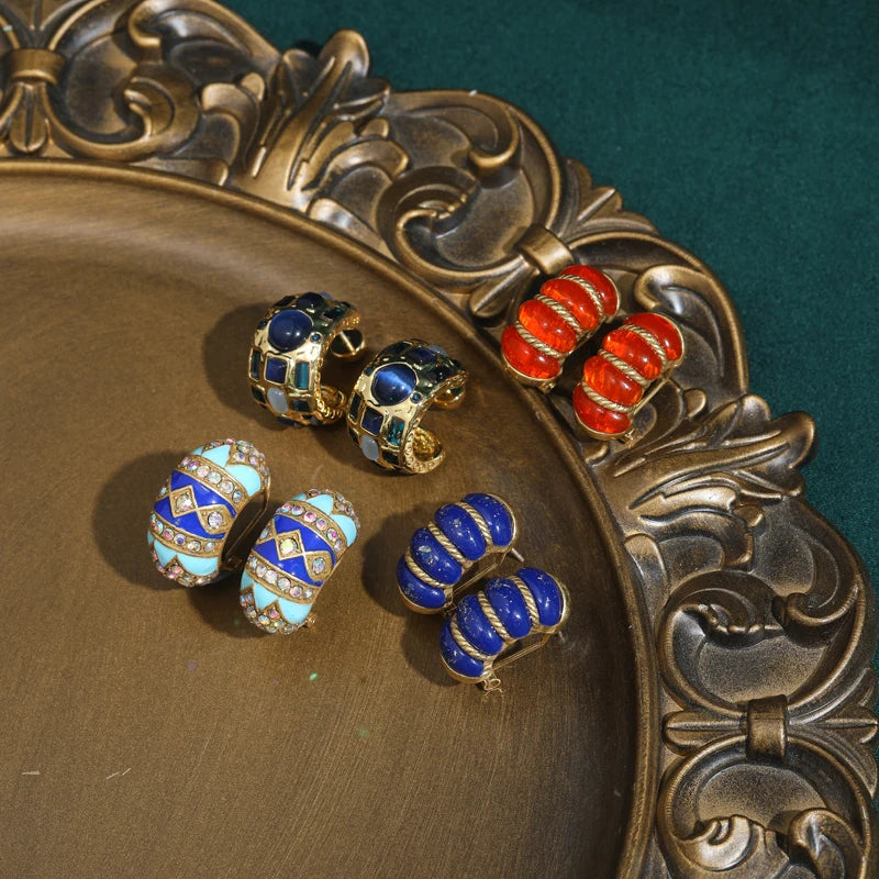Vintage Luxury Designer Jewelry Enamel Blue Stud Earrings Quality Rhinestone Trend 2025 New Wedding Accessories Party For Woman