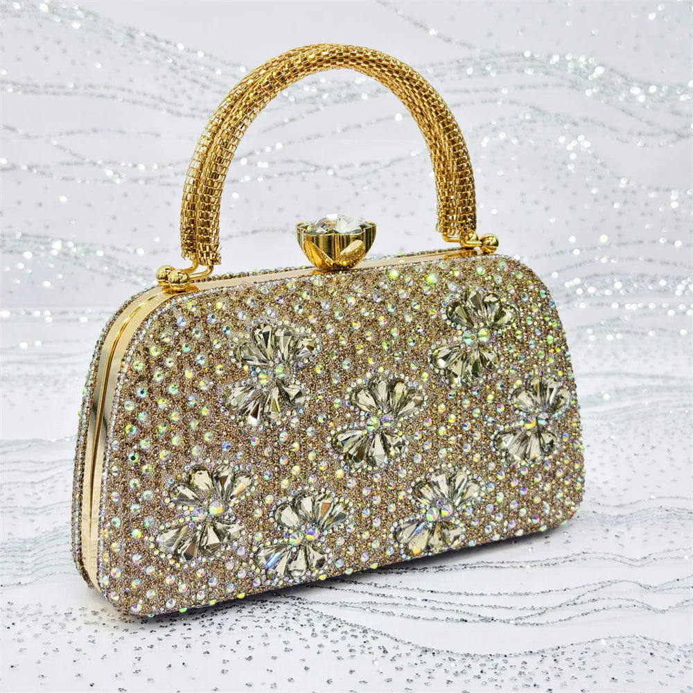 Gold Pointed Toe Rhinestone Heels & Bag Set, Sparkly