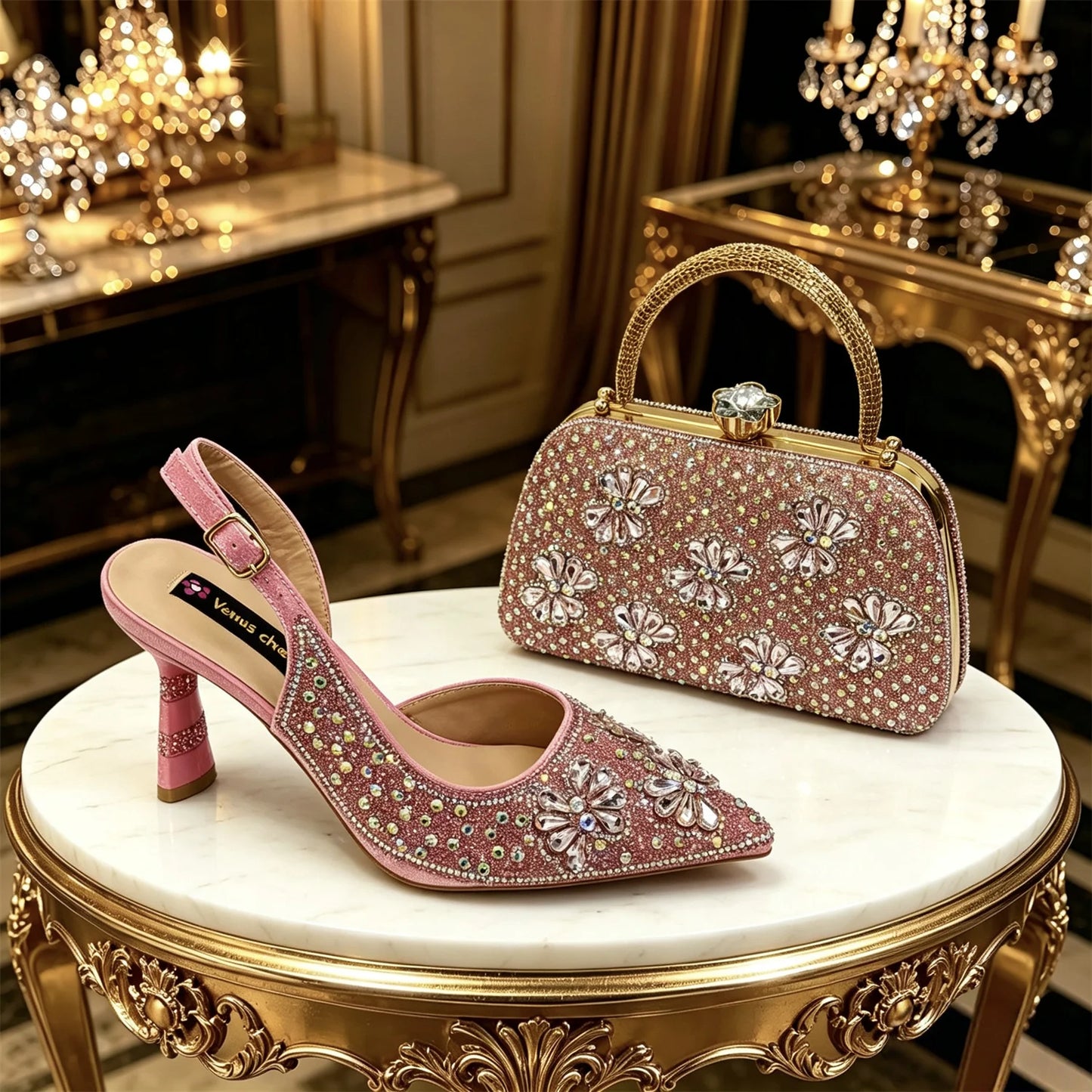Gold Pointed Toe Rhinestone Heels & Bag Set, Sparkly