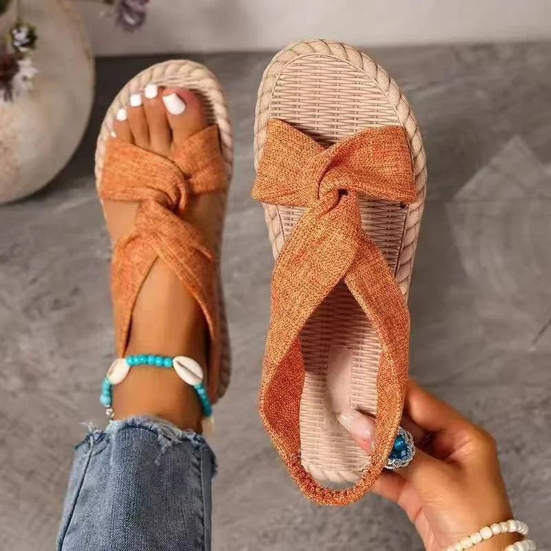 Summer Bohemian Style Sandals Comfortable Linen Cross-Tie Beach Lightweight