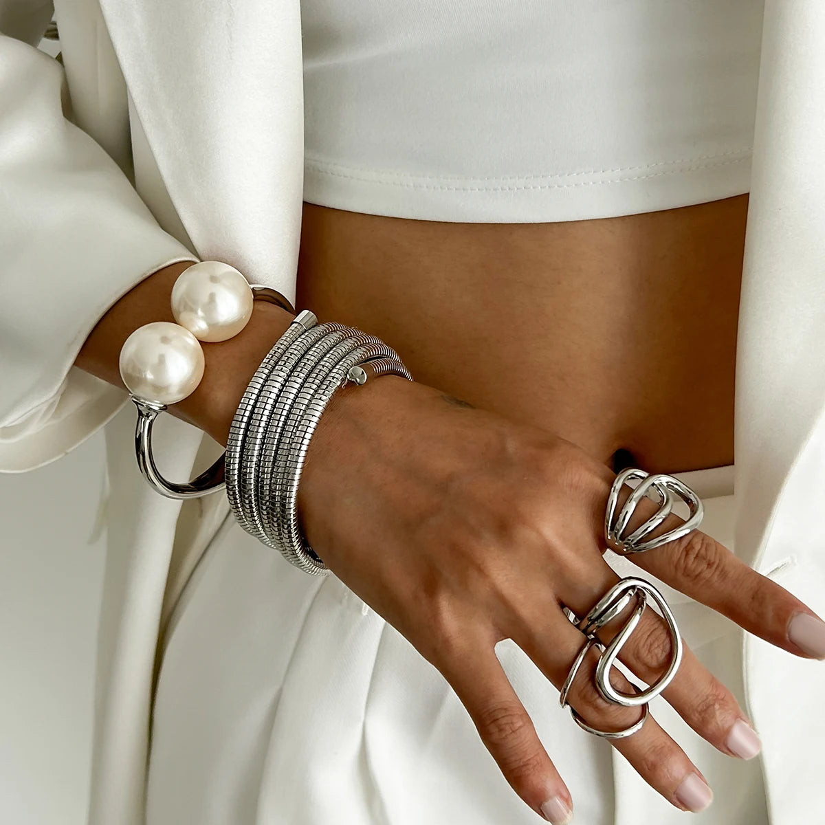 Punk Multilayer Snake Chain Open Spring Bangles Boho Large Imitation Pearl Cuff Bangles Bracelet
