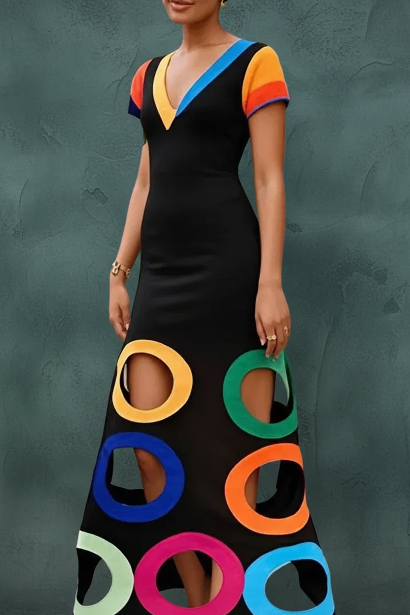 Colorful Circle Cutout Maxi Dress V Neck Short Sleeve
