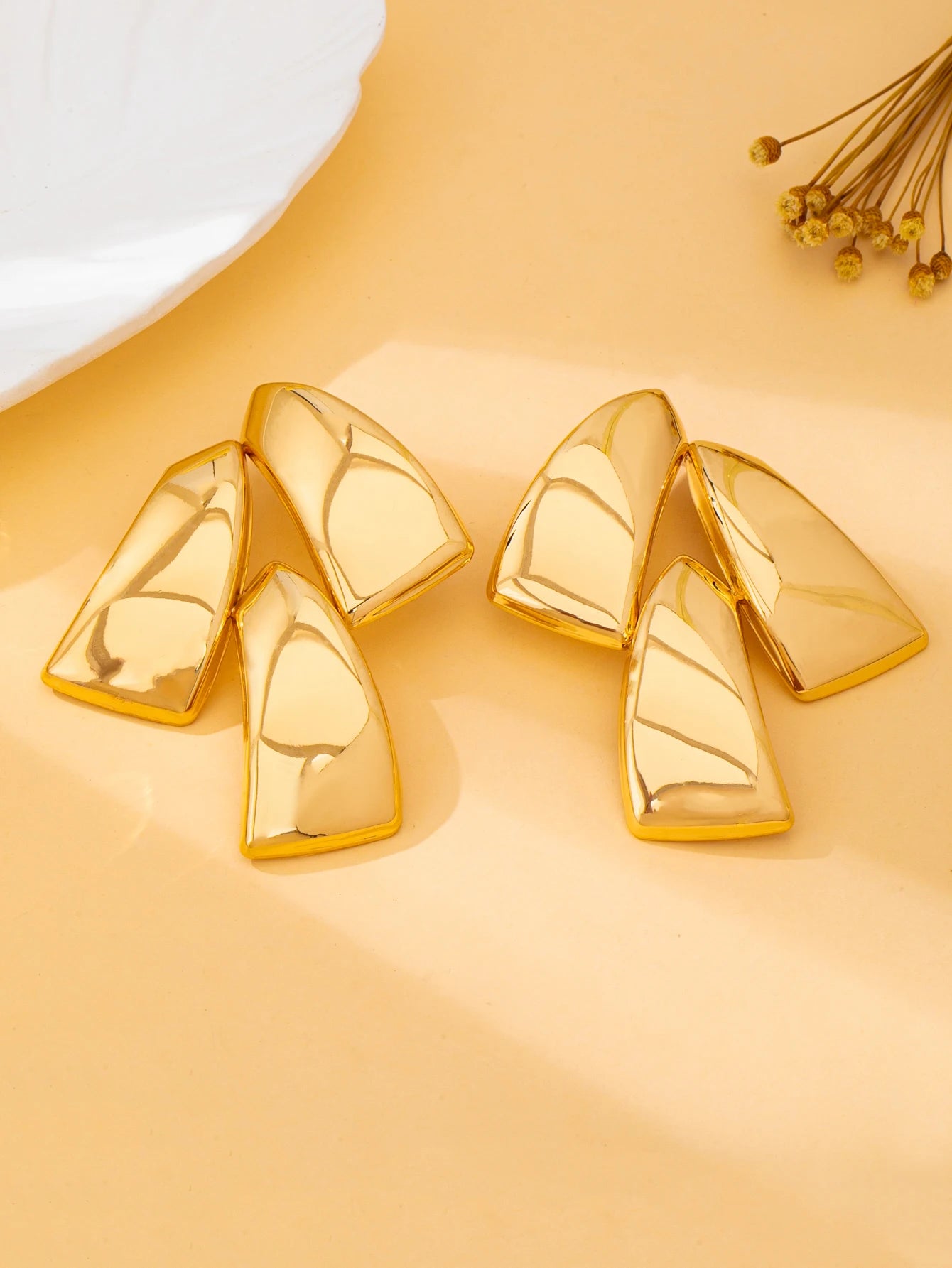Shiny Polished Three-Layer Trapezoidal Gold Dangle Earrings for Women, Geometric Multi-Piece Splicing Earrings, Minimalist Trendy Party Statement Jewelry
