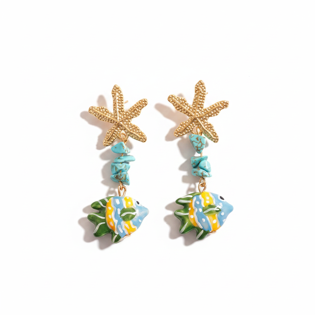 Colorful Ceramic Fish Drop Earrings Starfish Stone Beaded Earrings
