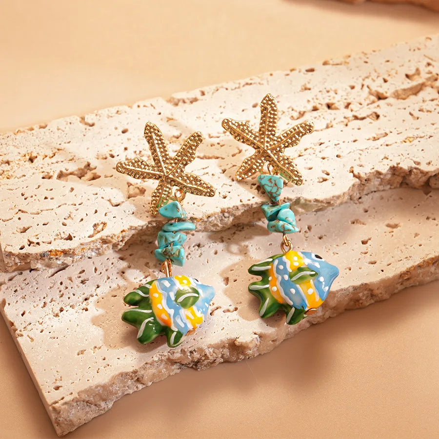 Colorful Ceramic Fish Drop Earrings Starfish Stone Beaded Earrings