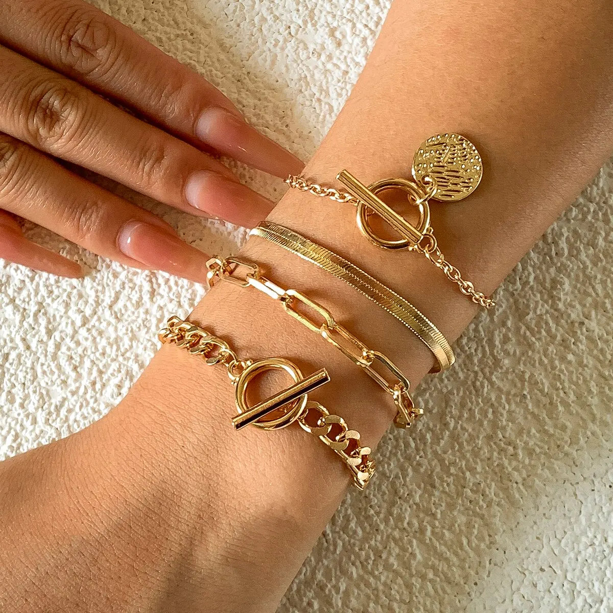 Punk Cuban Link Chain Coin Pendant Bracelet on Hand