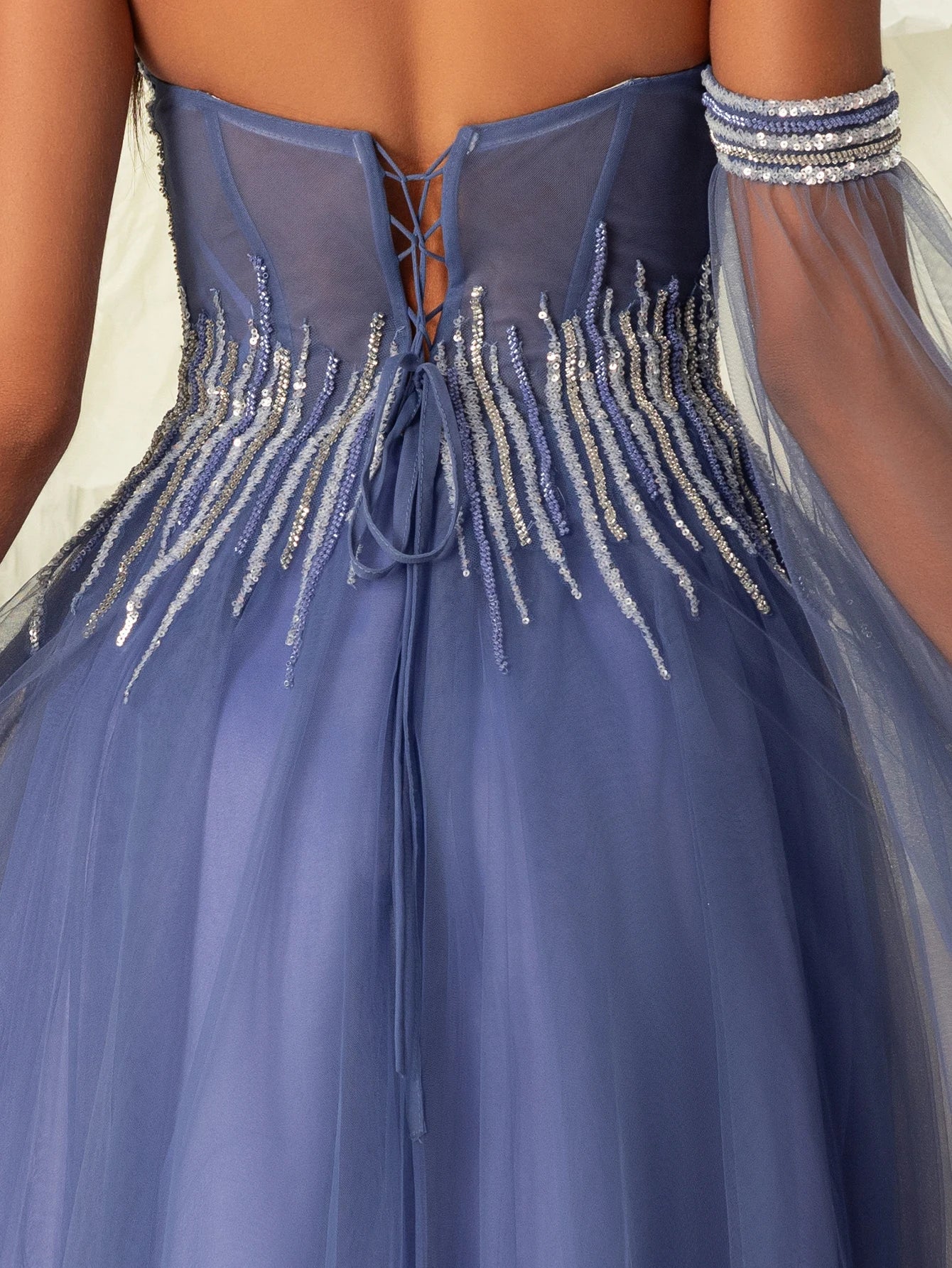 Off Shoulder Beaded Tulle Evening Gown