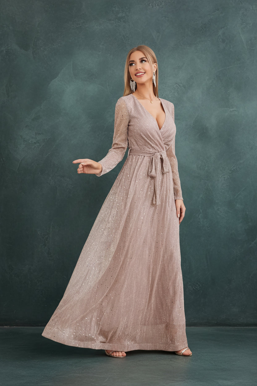 Glitter Mesh Long Sleeve Evening Dress
