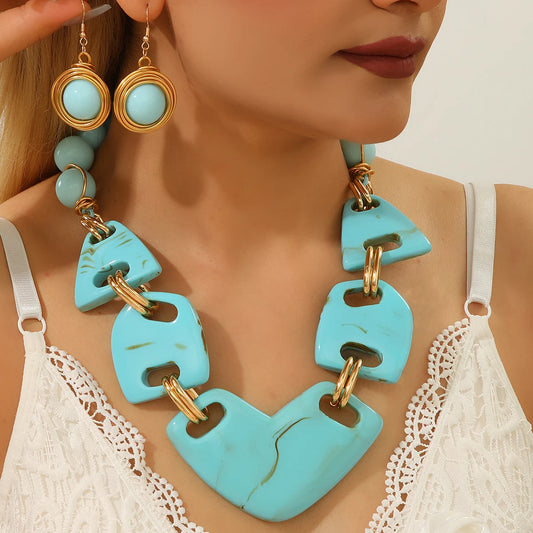 Geometric Turquoise Resin Statement Necklace & Earrings Set