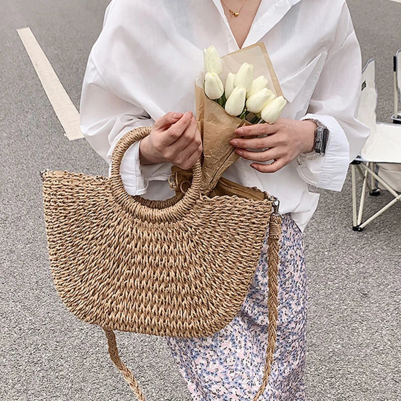 Handwoven Straw Beach Tote Bag