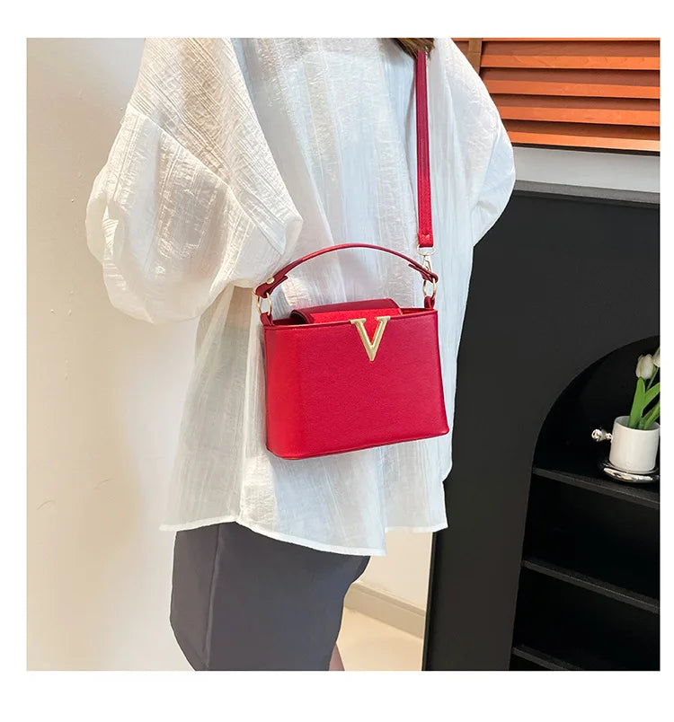 V-Shaped PU Leather Bucket Bag
