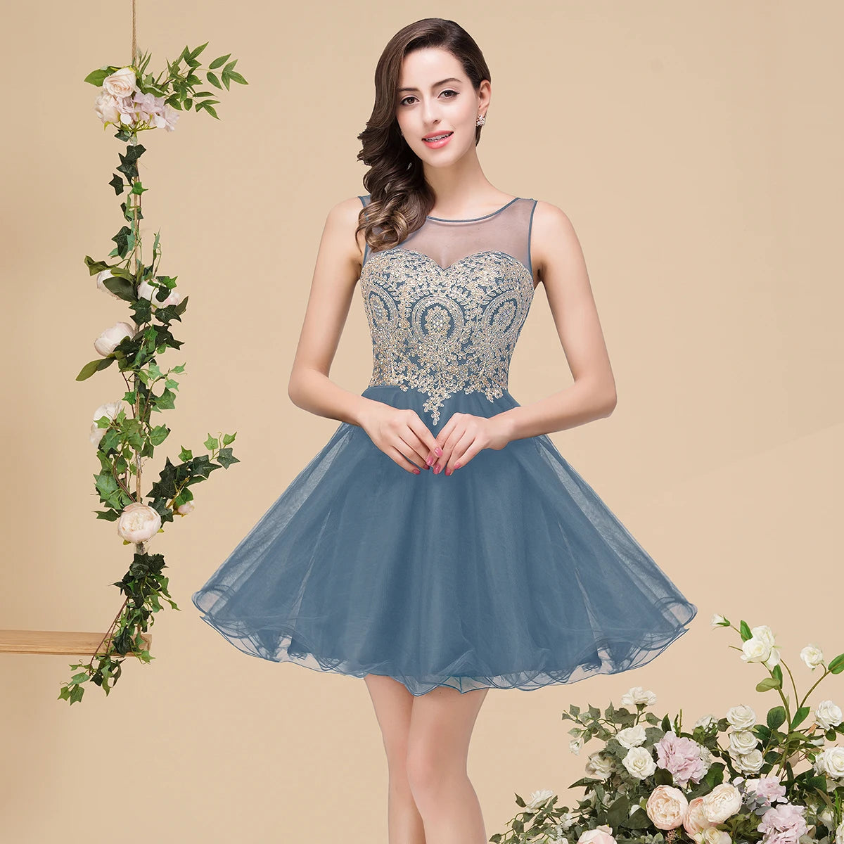 MisShow Ruffles Floral Lace Short Prom Evening Dress Sexy Illusion Tulle Little Black Dress for Homecoming Graduation Party 2026