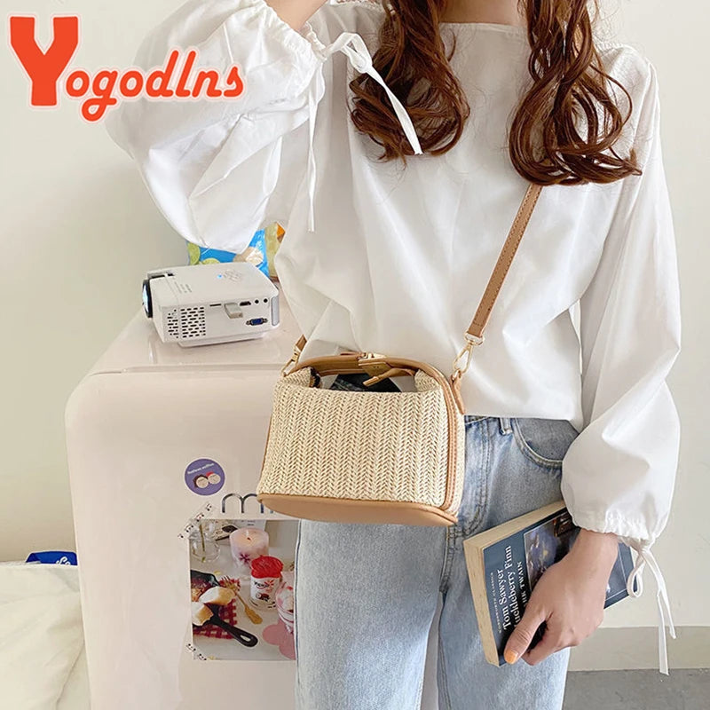 Summer Small Straw Handbag Shoulder Bag Woven Bucket Crossbody
