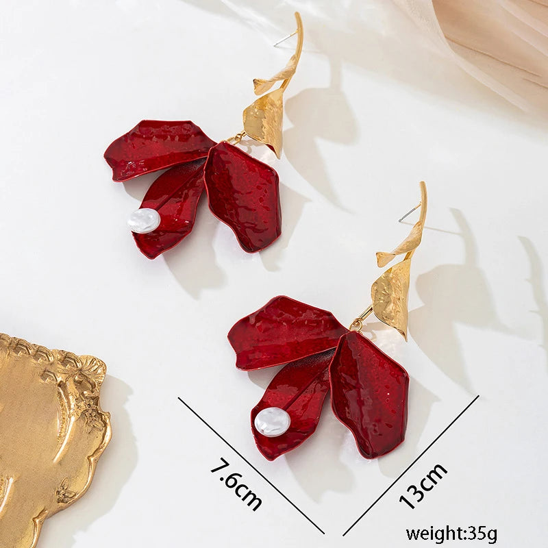 Vintage Red Drip Oil Flower Long Tassel Pendant Earrings
