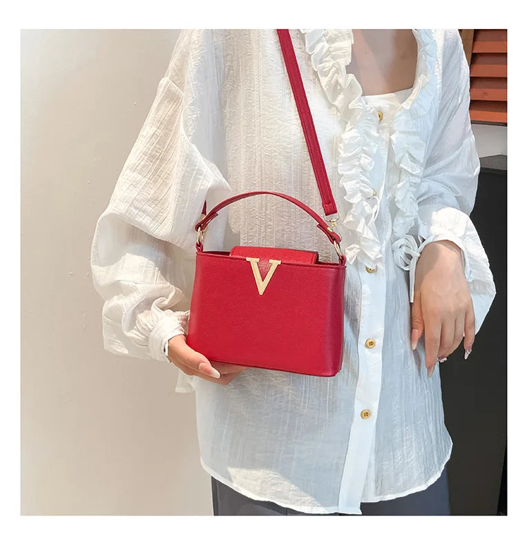 V-Shaped PU Leather Bucket Bag