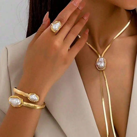 Baroque Pearl Necklace, Cuff & Ring Set