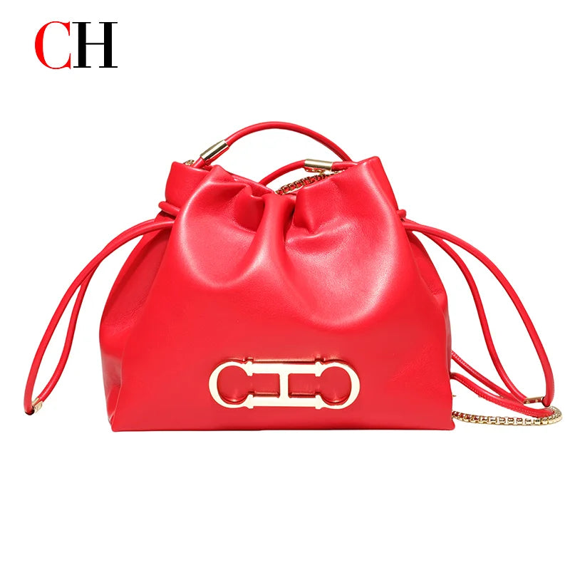 Drawstring Bucket Bag Crossbody Bag with Gold Chain PU