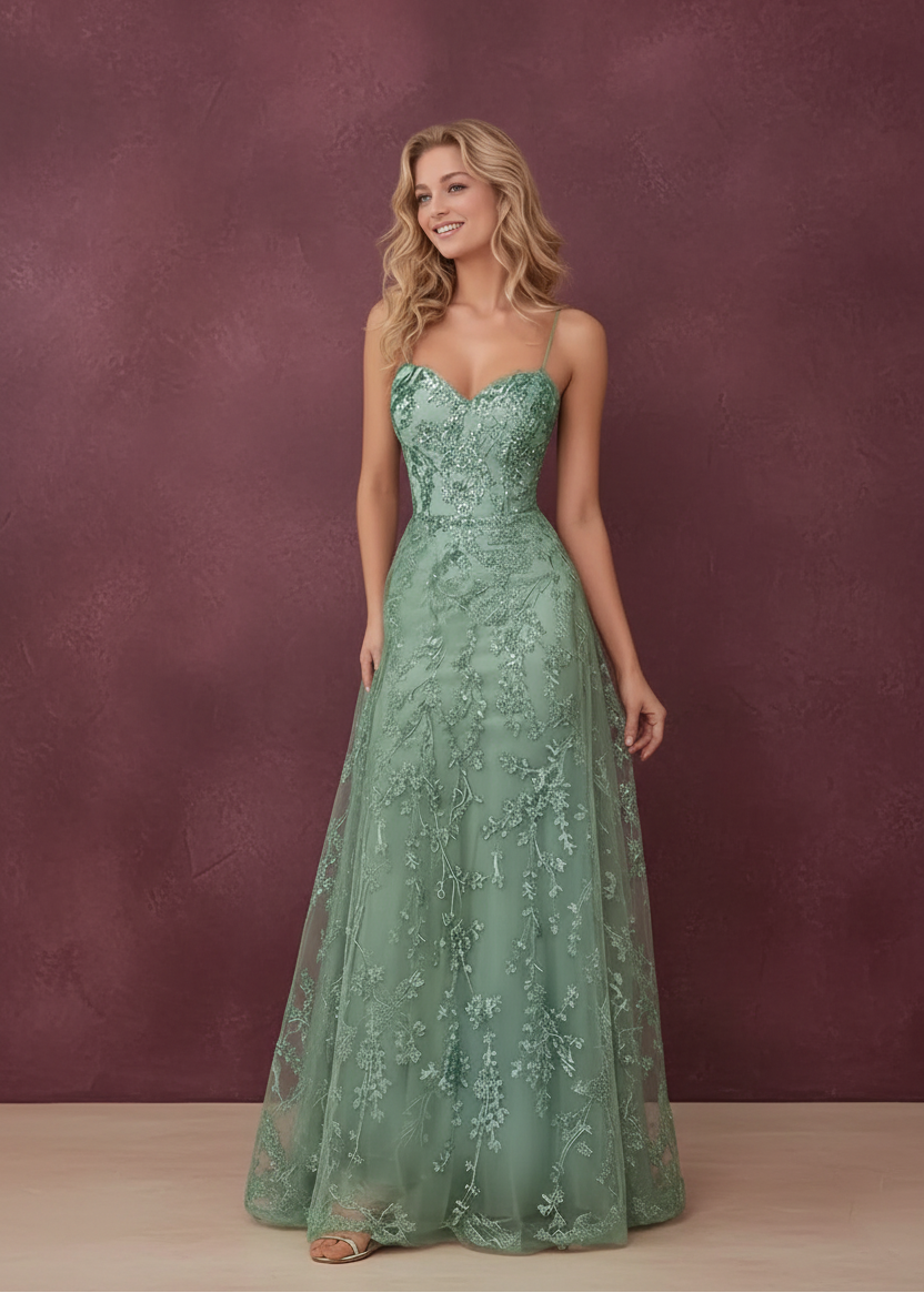 Tulle Formal Dress Laces Spaghetti Strap Sparkly Prom Dress
