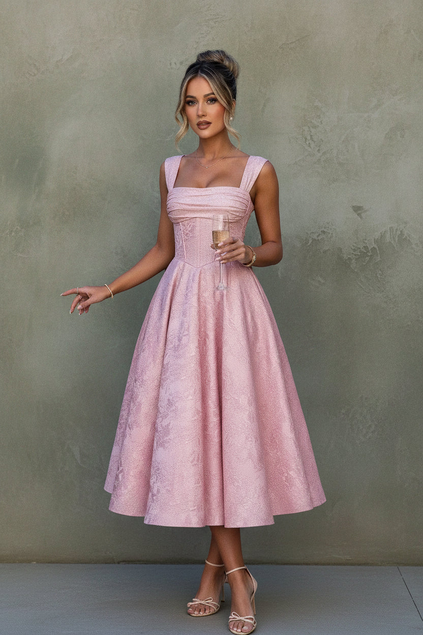 Cap Sleeve Jacquard Prom Dresses for Teens Floral Satin