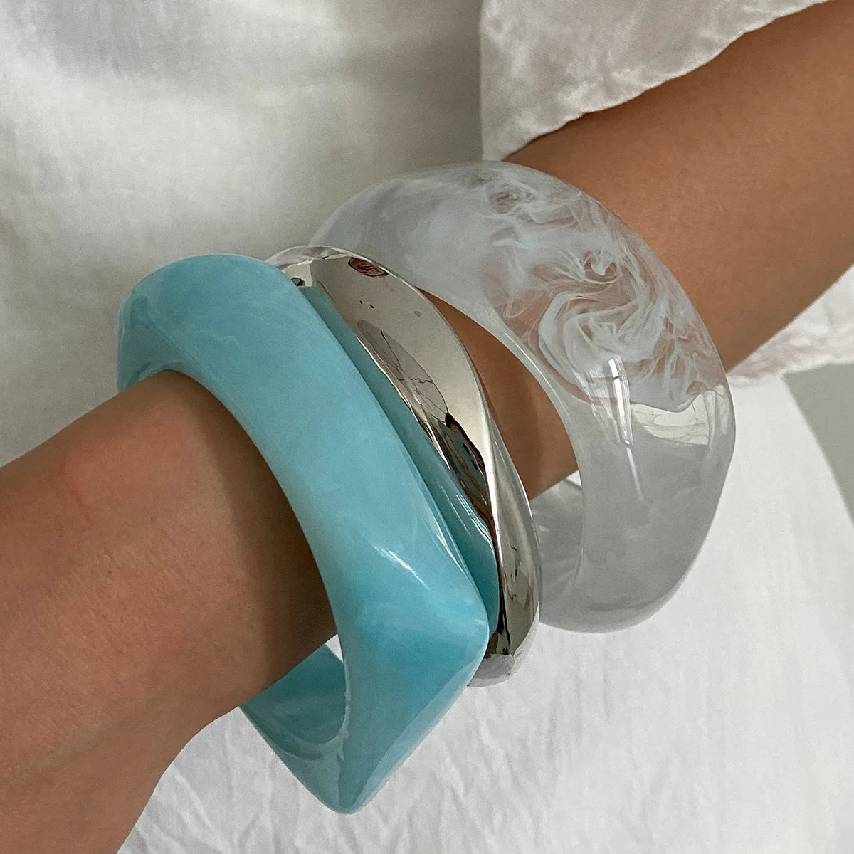 Boho Light Blue Acrylic Resin Chunky Bangles for Women